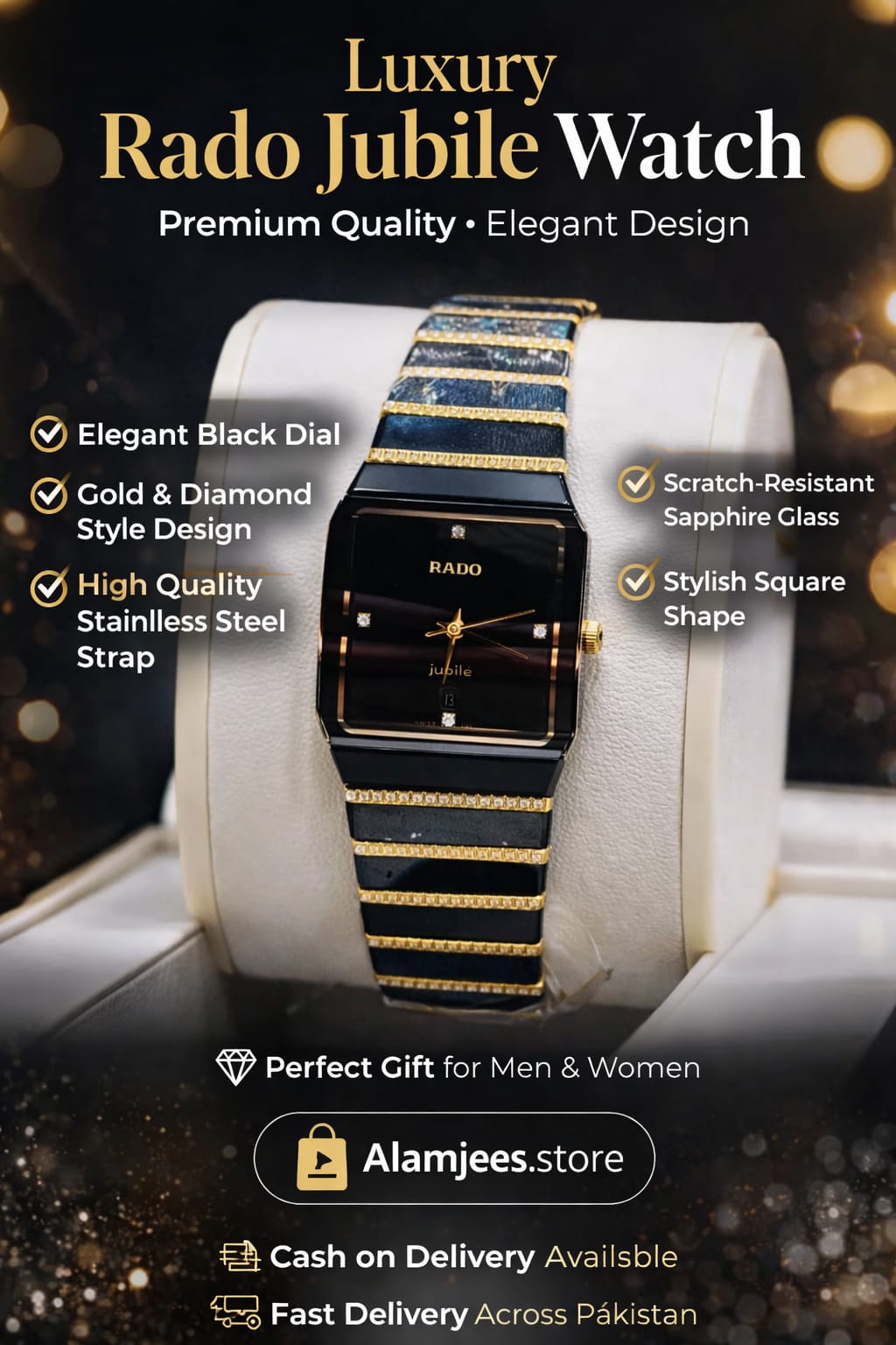 Luxury Rado Jubile Square Watch – Gold & Black Premium Edition