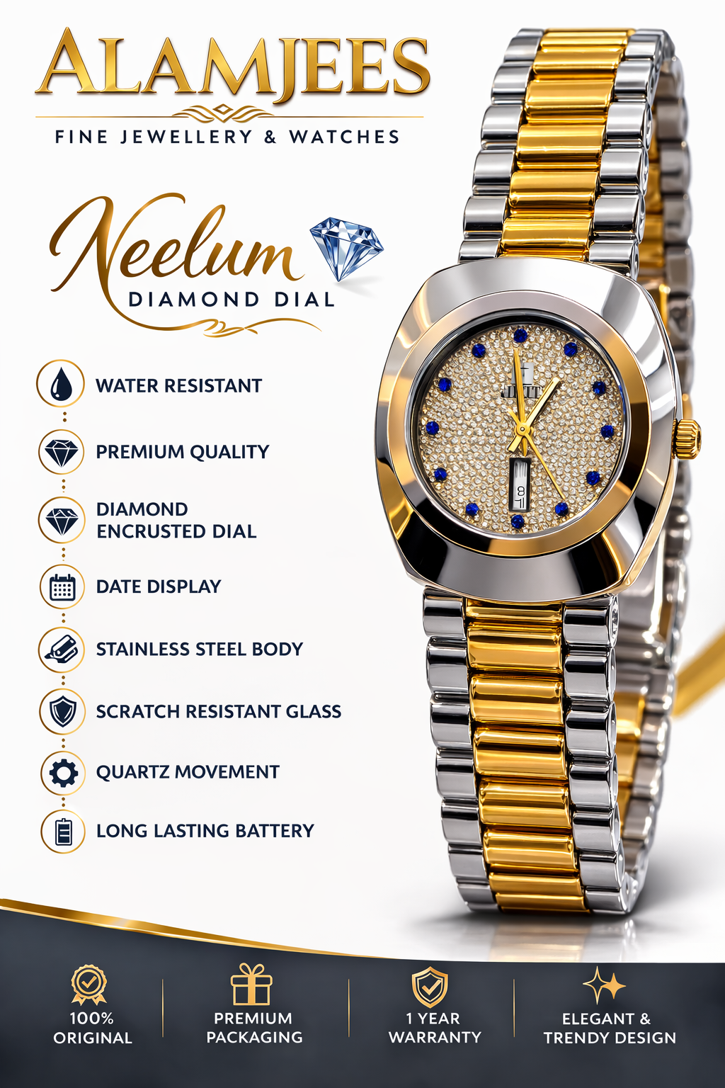 Luxury Watch, Diamond Dial, Stainless Steel Watch, Alamjees